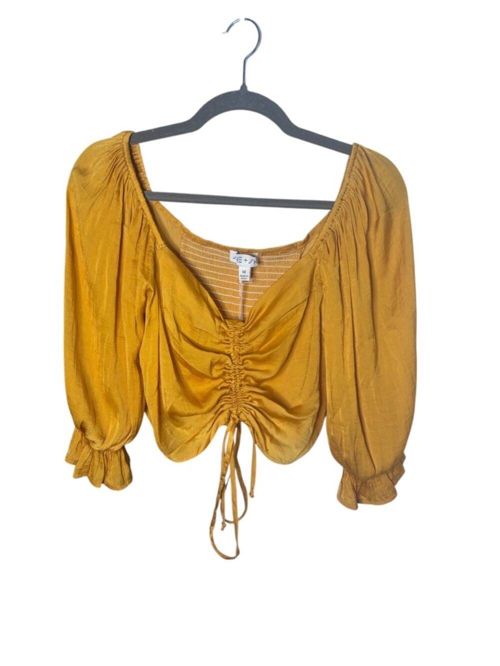 She + Sky Mustard Yellow Satin Cinched Cropped Top Medium